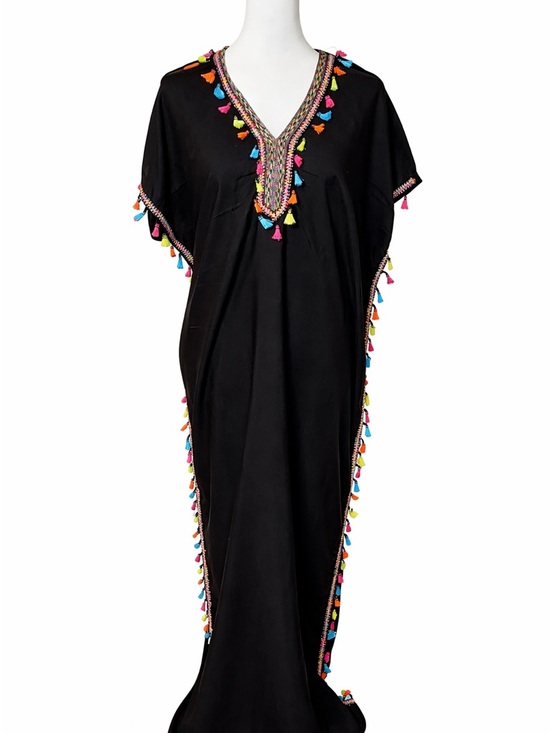Dresses & Skirts - Black Embroidered Caftan Cover-Up with Multicolor Tassels